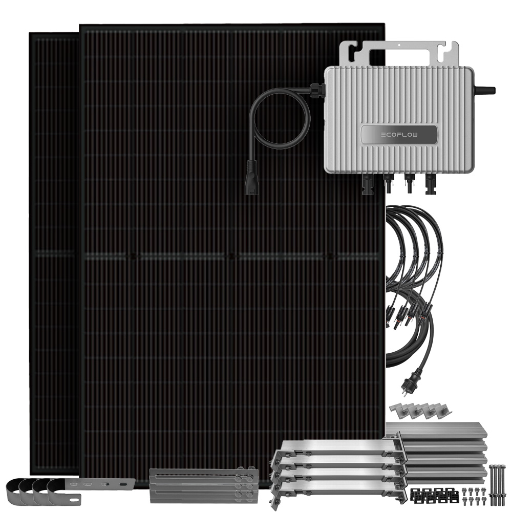 Setansicht: 2 Solarmodule, ein Ecoflow Stream Mikrowechselrichter, Modul-Halterung für die Module, 4 PV-Kabel und 1 AC-Kabel