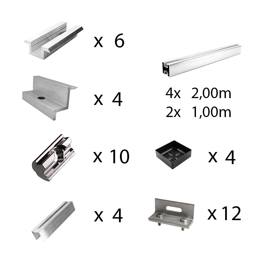 Befestigungskit mit Stehfalzklemmen für Schrägdachmontage 4 Solarpanele Rahmenhöhe 40mm