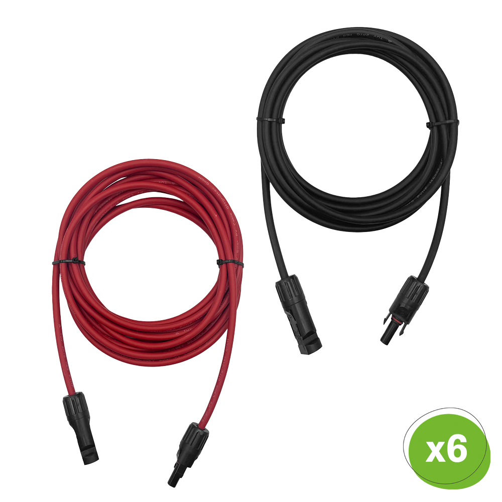 Draufsicht: Ein rotes und ein schwarzes 5 Meter MC4-zu-MC4 Kabel, beide aufgewickelt; unten rechts ist die Mengenangabe "x6" Draufsicht: Ein rotes und ein schwarzes 5 Meter MC4-zu-MC4 Kabel, beide aufgewickelt; unten rechts ist die Mengenangabe "x6"