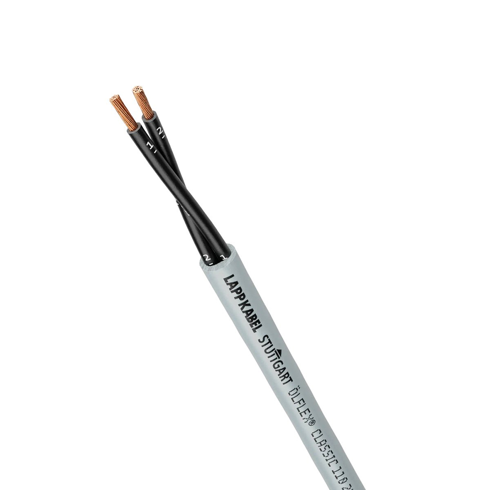 Grau ummantelte Steuerleitung mit zwei schwarzen, nummerierten Adern; Leiter aus Kupfer