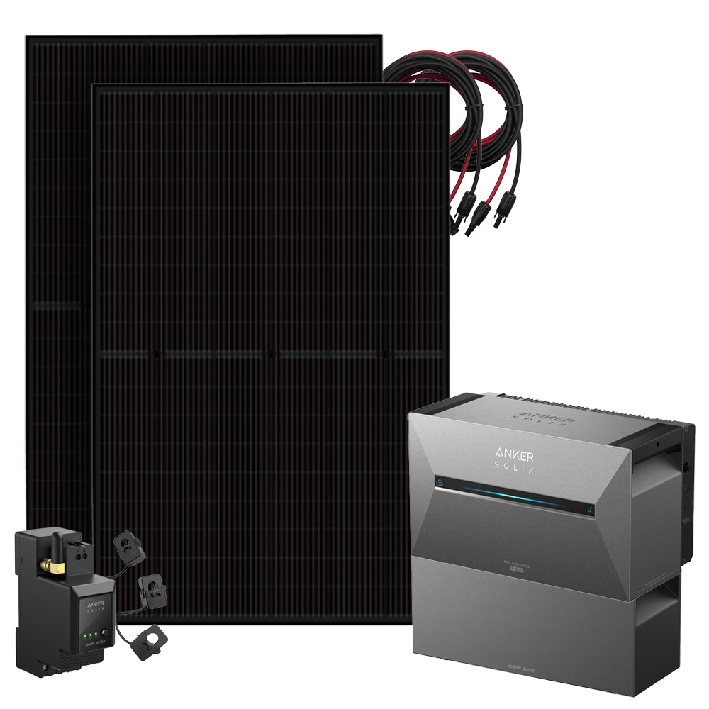 Setansicht: 2x Solarmodule, 1x Solix 3 Solarbank, 1x BP2700 Erweiterungsbatterie, 1x Stromzähler, 2x Kabel-Set