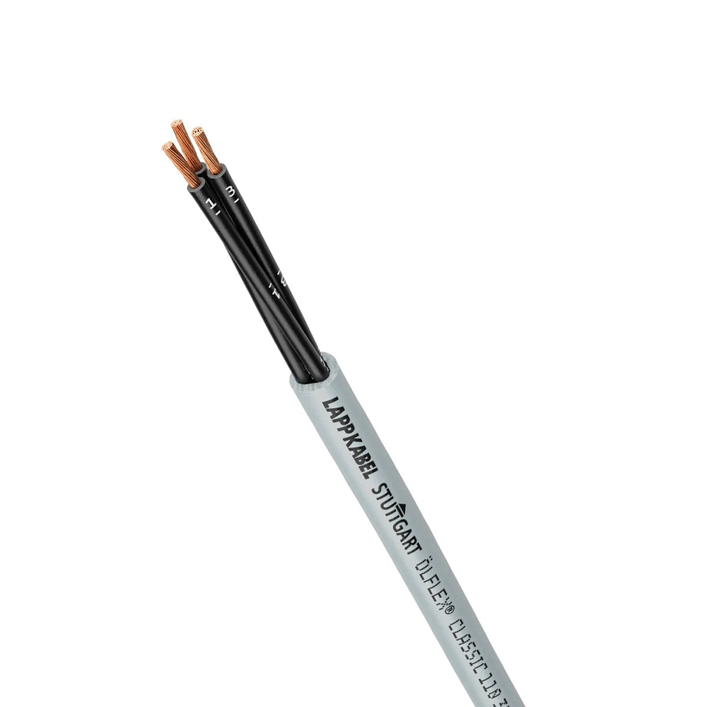 Grau ummantelte Steuerleitung mit drei schwarzen Adern; Leiter aus Kupfer