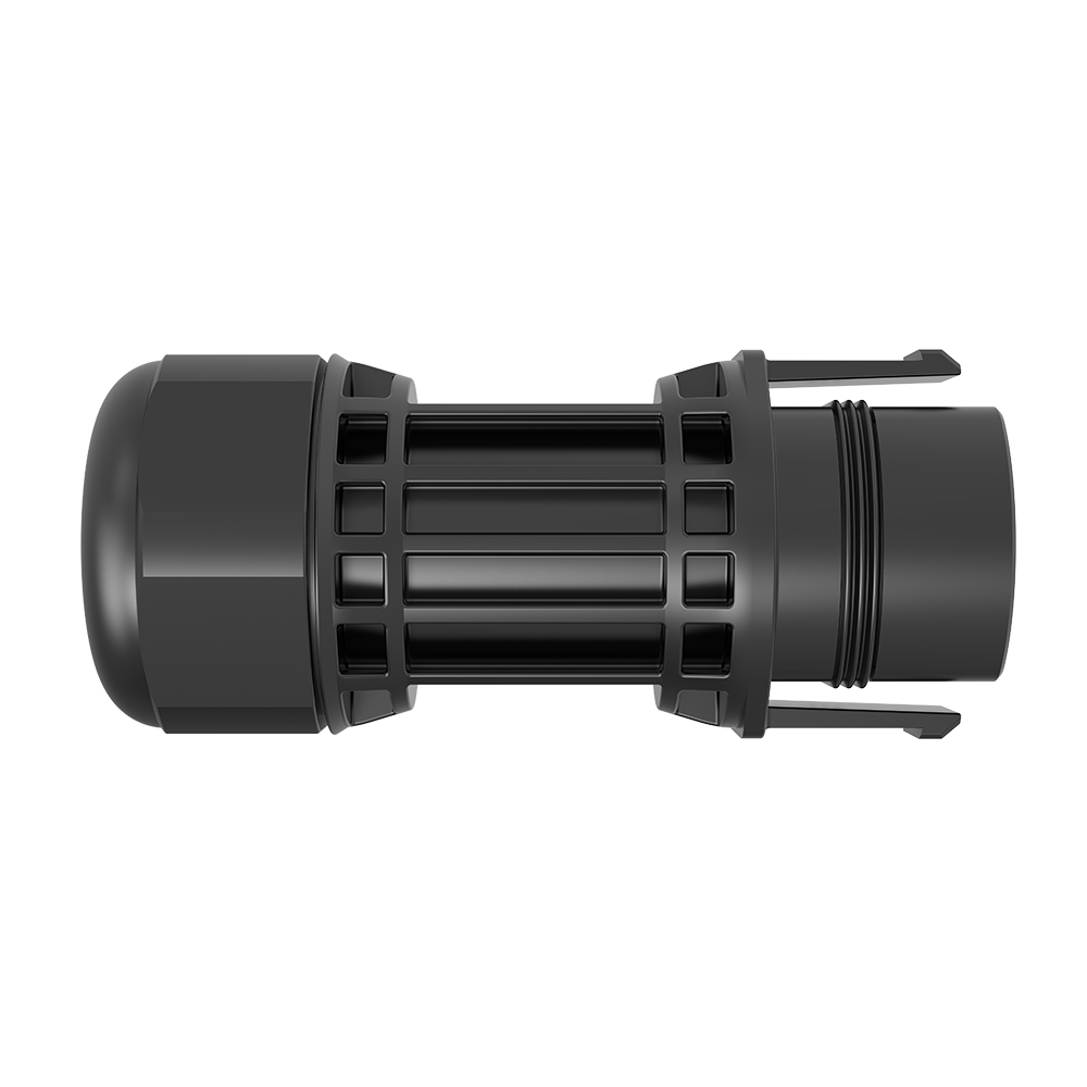 Seitenansicht: schwarzer Solax AC Connector Male Steckverbinder mit geripptem Mittelteil