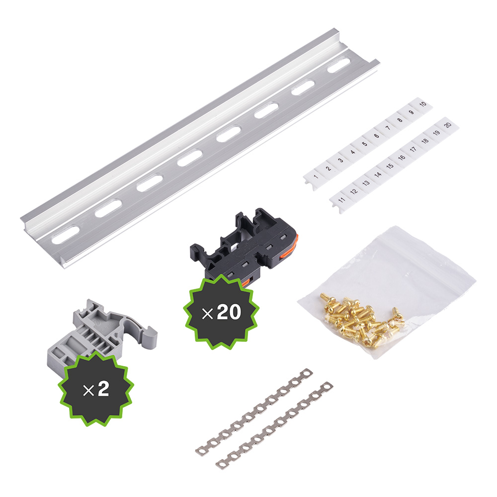 20-piece terminal block set with extensive accessories: screws, rail, connecting bridge, numbering strips, mounting foot