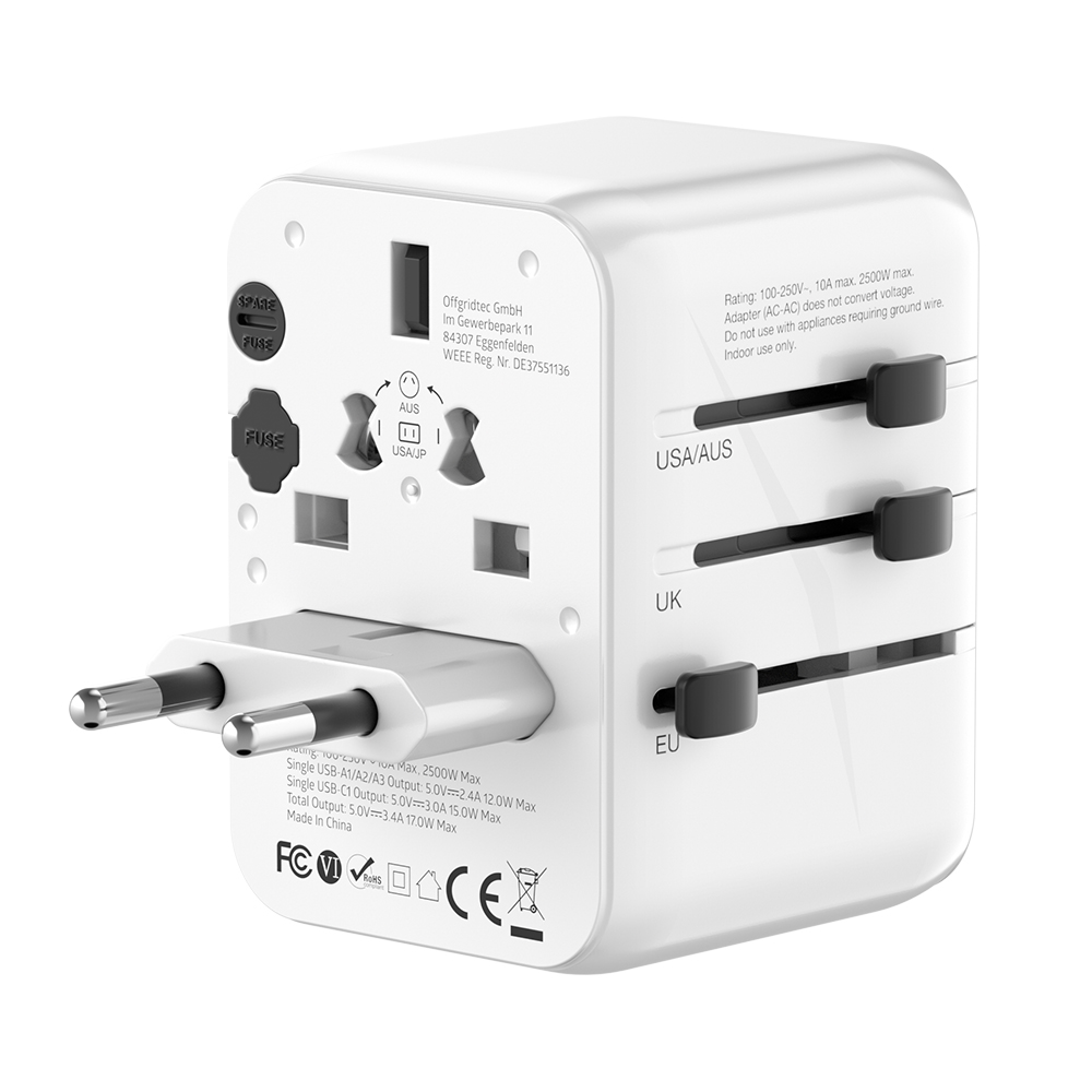 Offgridtec Travel Adapter Universal Worldwide Schuko 3x usb-a and 1x usb-c White