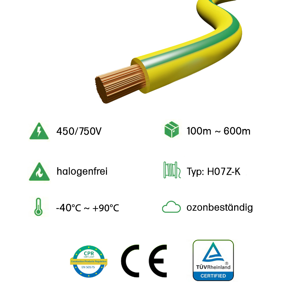 Infografik zum H07Z-K Erdungskabel in grün gelb: 450/750V, halogenfrei, ozonbeständig, -40°C bis +90°C, Zertifizierungen