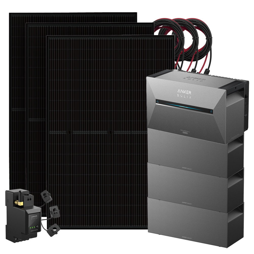 Setansicht: 3x Solarmodule, 1x Solix 3 Solarbank, 3x BP2700 Erweiterungsbatterie, 1x Stromzähler, 3x Kabel-Set