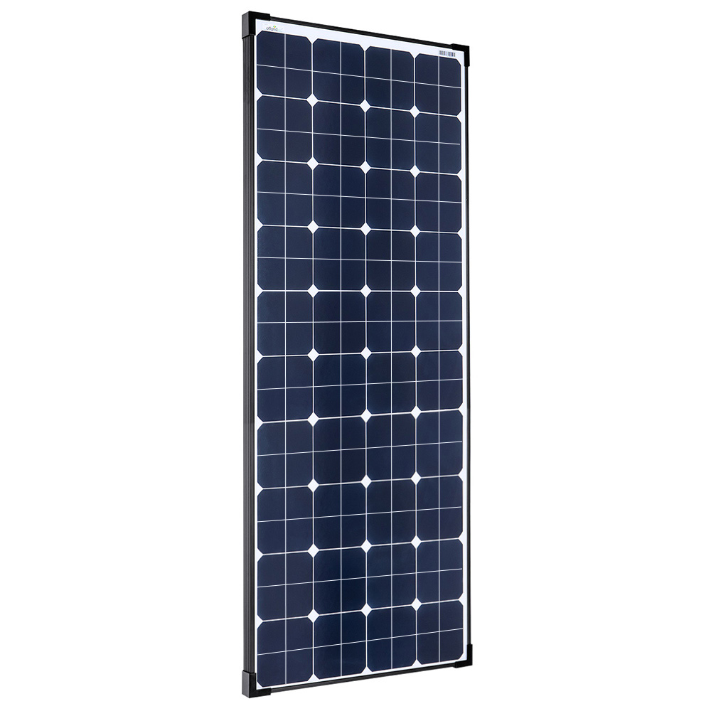 Solarmodul mit blauen Zellen und schwarzen Rahmen in Frontansicht