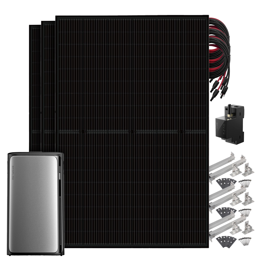 Setansicht: 3 Solarmodule mit EcoFlow Stream Pro All-in-One Speichersystem, Smart Meter, 3 MC4-Kabeln und Flachdach-Montageset