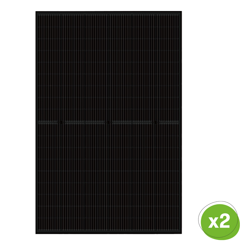 Frontansicht: Luxen Solar 450W Full-Black Modul; unten rechts ist ein grüner Kreis mit der Mengenangabe 2