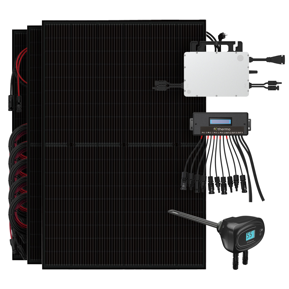 Setansicht: 3 Solarmodule, Hoymiles Mikrowechselrichter, Fothermo Umschaltgerät und Heizstab und passende Kabeln fürs System