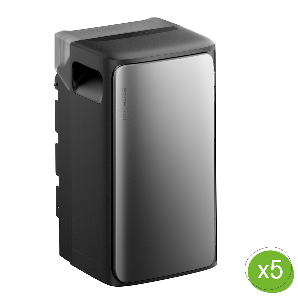 Schrägansicht: EcoFlow Stream AC Pro 1,92kWh Batterie; schwarz mit silberner Frontabdeckung; Mengenangabe "x5"