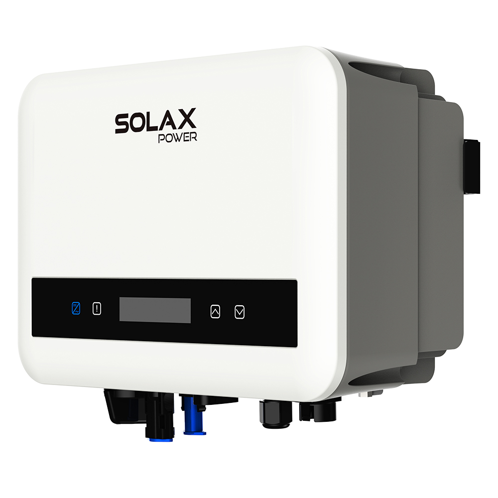 Schrägansicht von rechts: weiß/schwarzer Solax X1-MINI-3.3K-G4 PV-Wechselrichter mit Display