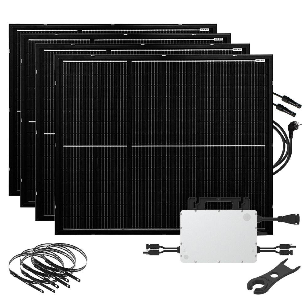 Setansicht: 4x 200W Solarmodule, Hoymiles HMS-800W-2T Wechselrichter, Trennhilfe für HMS, 3x Kabel