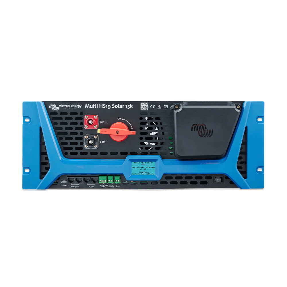 Blau-graues Victron Energy Multi HS19 Solar 15k Gerät mit roten und schwarzen Schaltern sowie grünem Anschlussblock - Frontansicht
