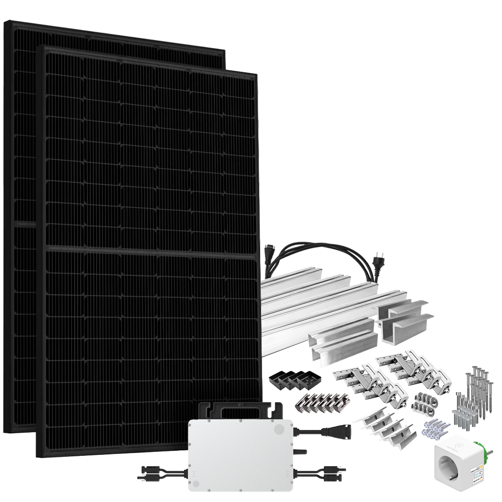 Offgridtec® Solar-Direct 900W HMS-800W-2T Balkonkraftwerk Bifazial Full Black Schukosteckdose - 10m - Montageset Ziegeldach mit Stromzähler