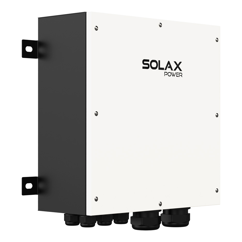 Schrägansicht von links: Solax X3-PBOX-60kW-G2, rechteckig, weiß-schwarz, mit Montagehalterungen & Kabelverschraubungen