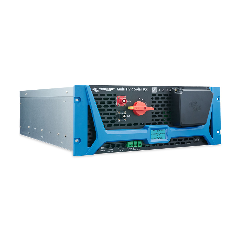 Blau-graues Victron Energy Multi HS19 Solar 15k Gerät mit roten und schwarzen Schaltern sowie grünem Anschlussblock - Ansicht von rechts