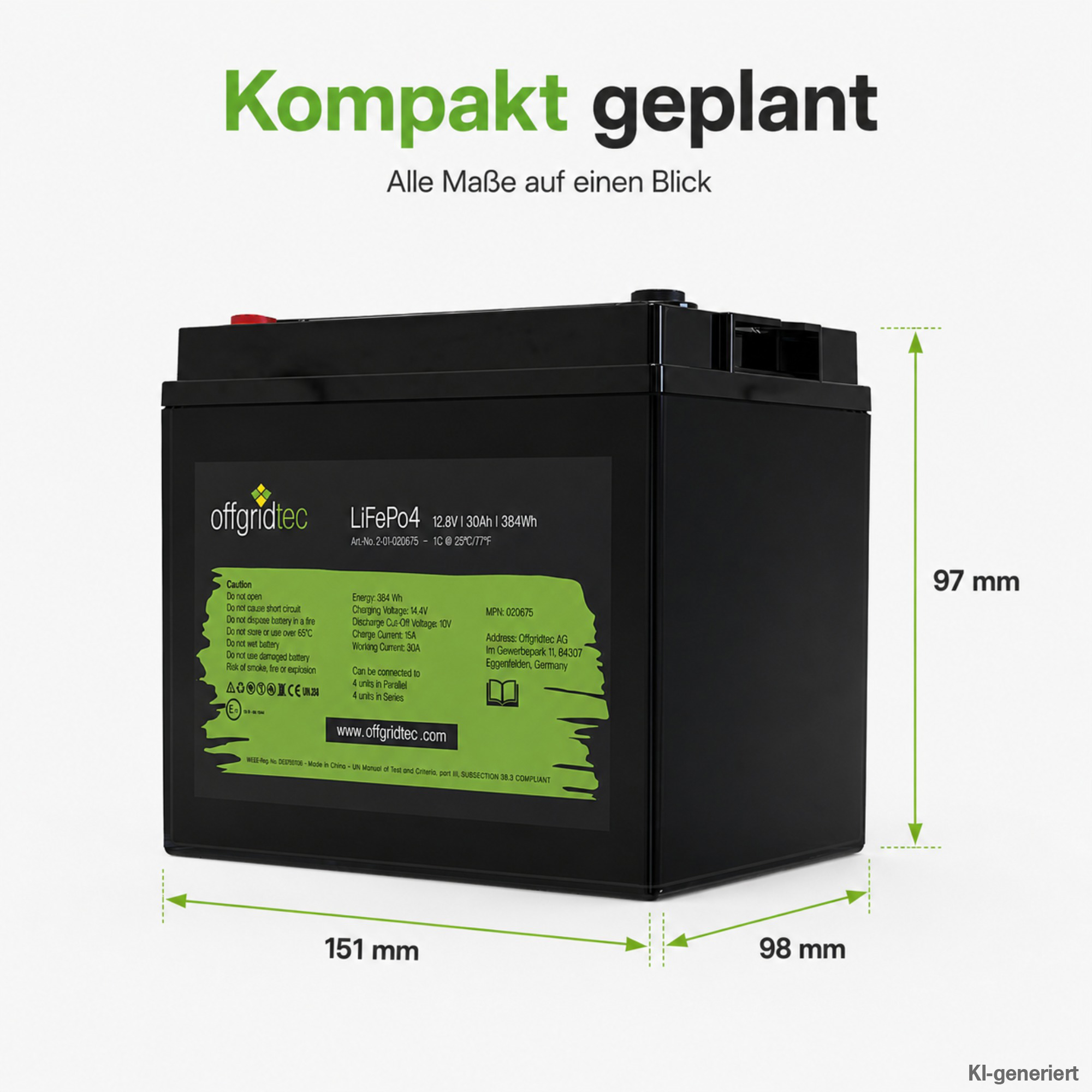 schwarze Offgridtec LiFePO4 Batterie 12V 30Ah Abmessungen