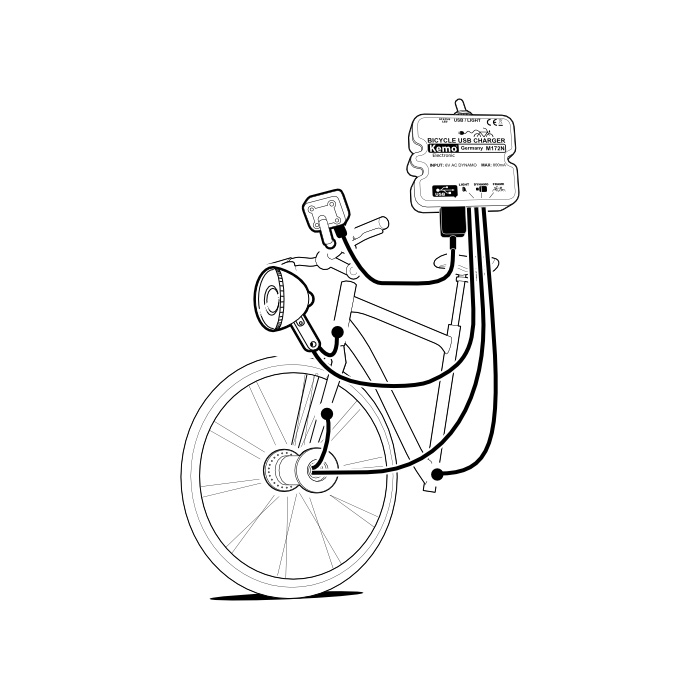 Zeichnung vom Fahrrad-Power-Ladregler in Benutzung mit einem Fahrrad und Zubehör