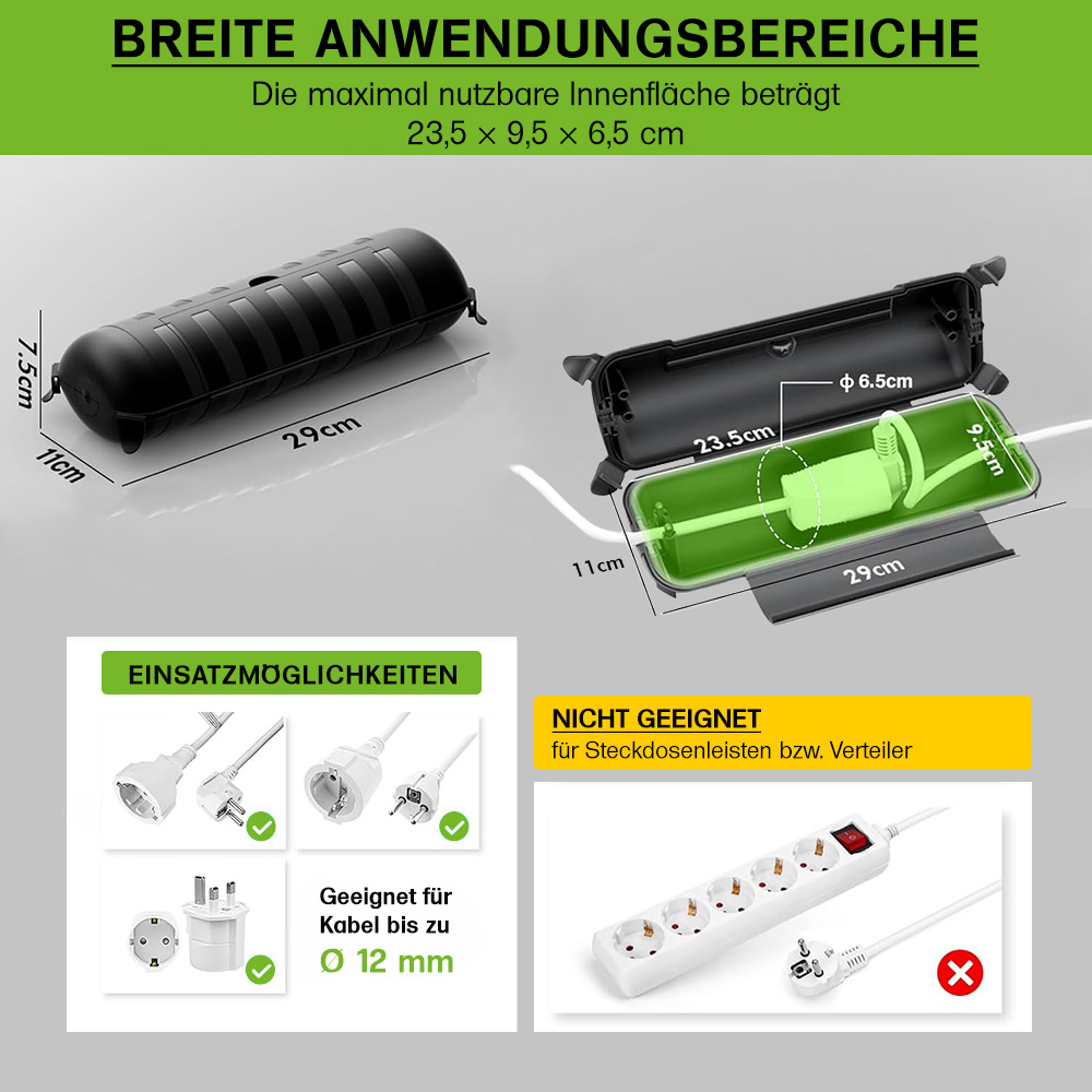 Maßzeichnung inkl. Anwendungsmöglichkeiten für Stecker und Adapter