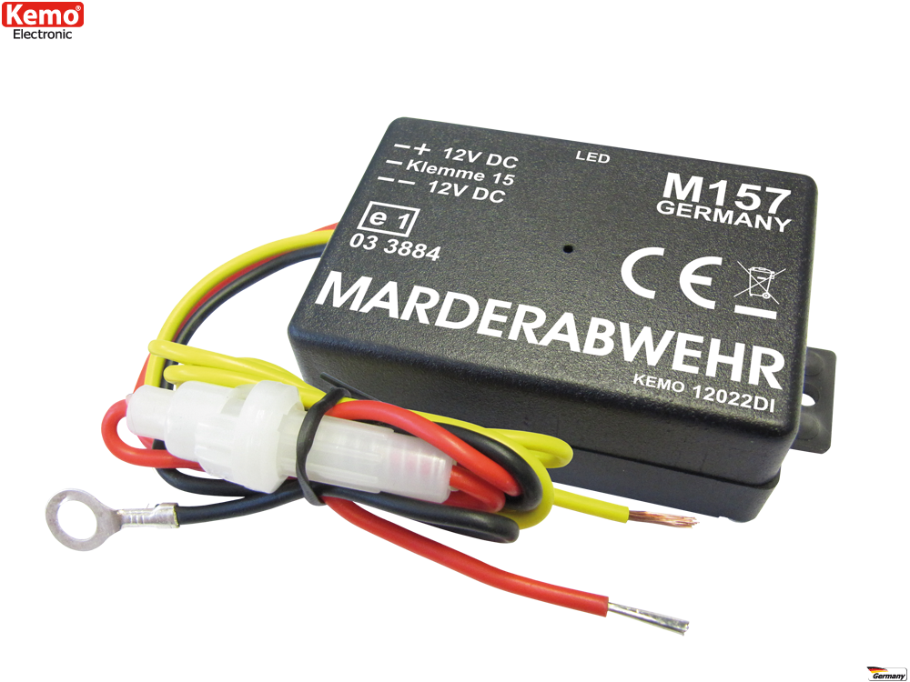 Kemo Marderabwehr M157 in schwarzem Gehäuse mit gelben, roten und schwarzen Anschlusskabeln