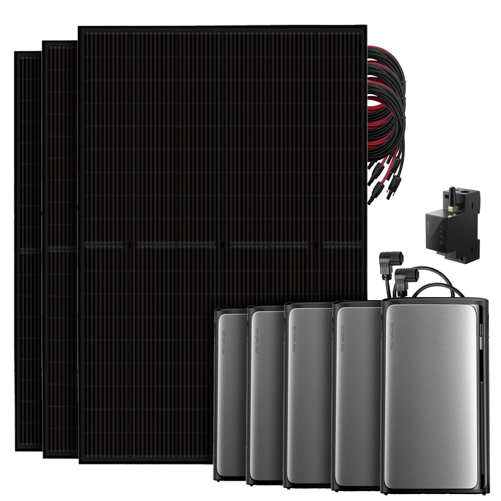 Setansicht: 3 Solarmodule, EcoFlow Stream Pro All-in-1 System, 4 AC Pro Batterien, Smart Meter und Kabel 