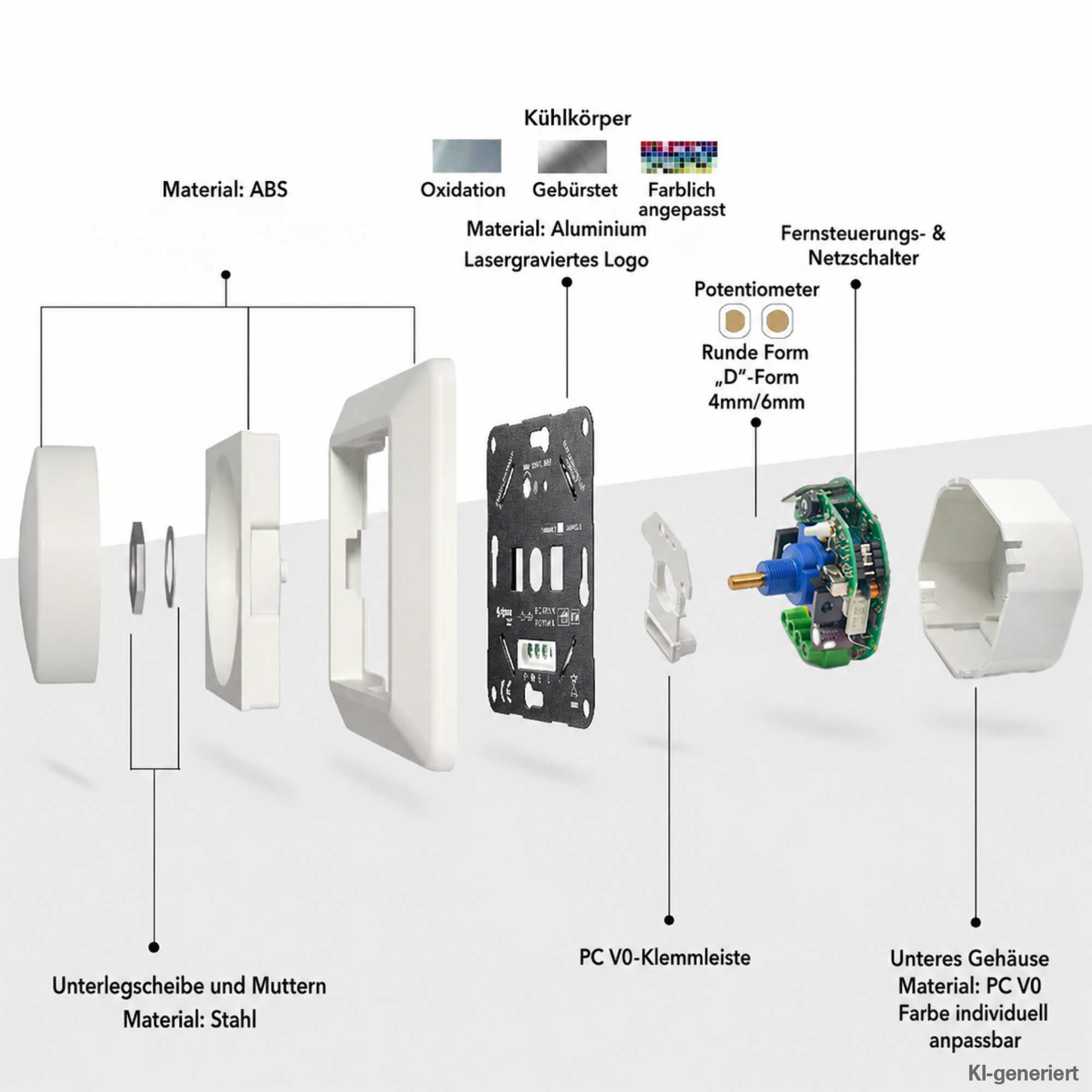 Sprengzeichnung weißer runder Drehdimmer mit Erklärung zu Material