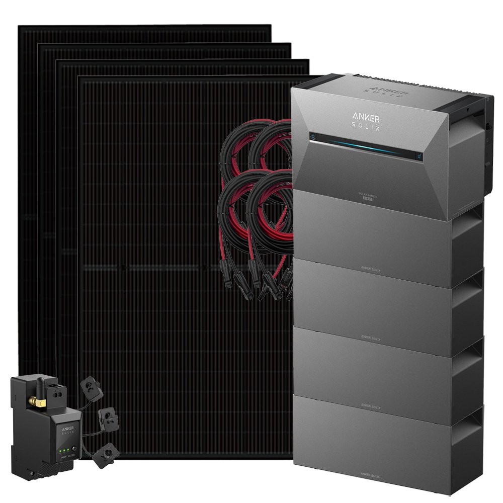 Setansicht: 4x Solarmodule, 1x Solix 3 Solarbank, 4x BP2700 Erweiterungsbatterie, 1x Stromzähler, 4x Kabel-Set