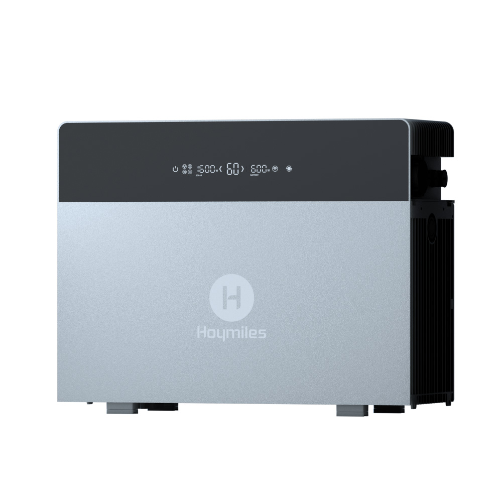 Hoymiles HiBattery HB-4020-X Energiespeicher mit schwarzem Display und silbernem Gehäuse von rechts