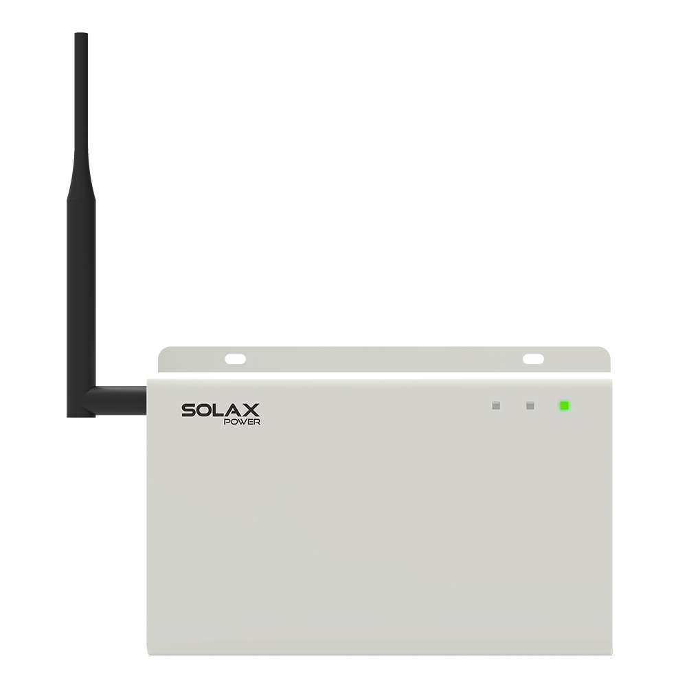 Frontansicht: lichtgrauer Solax Smart Datahub 1000 mit Status-LEDs und integrierter schwarzer Antenne