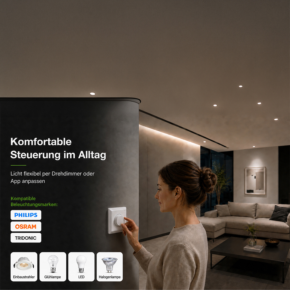 Smart LED dimmer 0.5–100W switch with Tuya, rotary dimmer flush-mounted dimming switch for dimmable LED/halogen 0.5–300W, dimmer for LED lamps, LED dimmer 230V, white