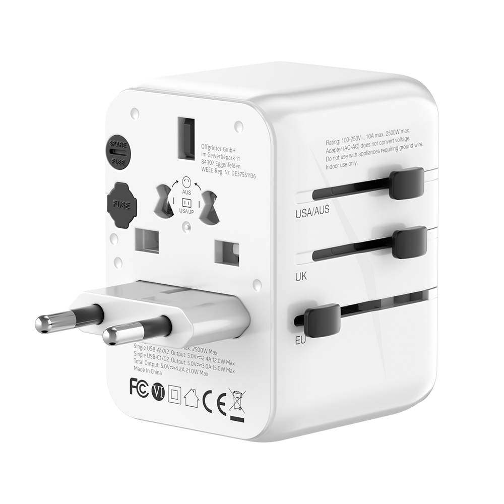 Offgridtec Travel Adapter Universal Worldwide Schuko 2x usb-a and 2x usb-c White