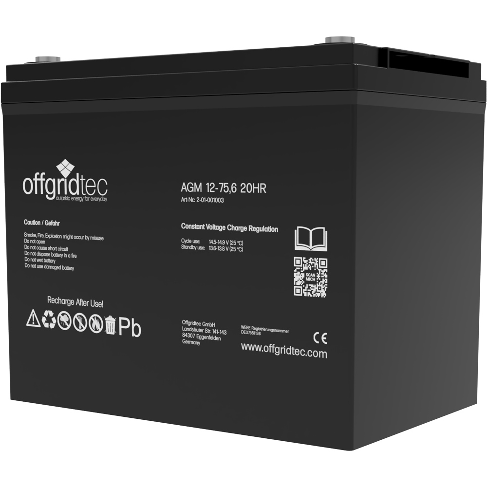 Batterie in schwarz, Ansicht schräg, sichtbare Aufschrift und Ansteckpole