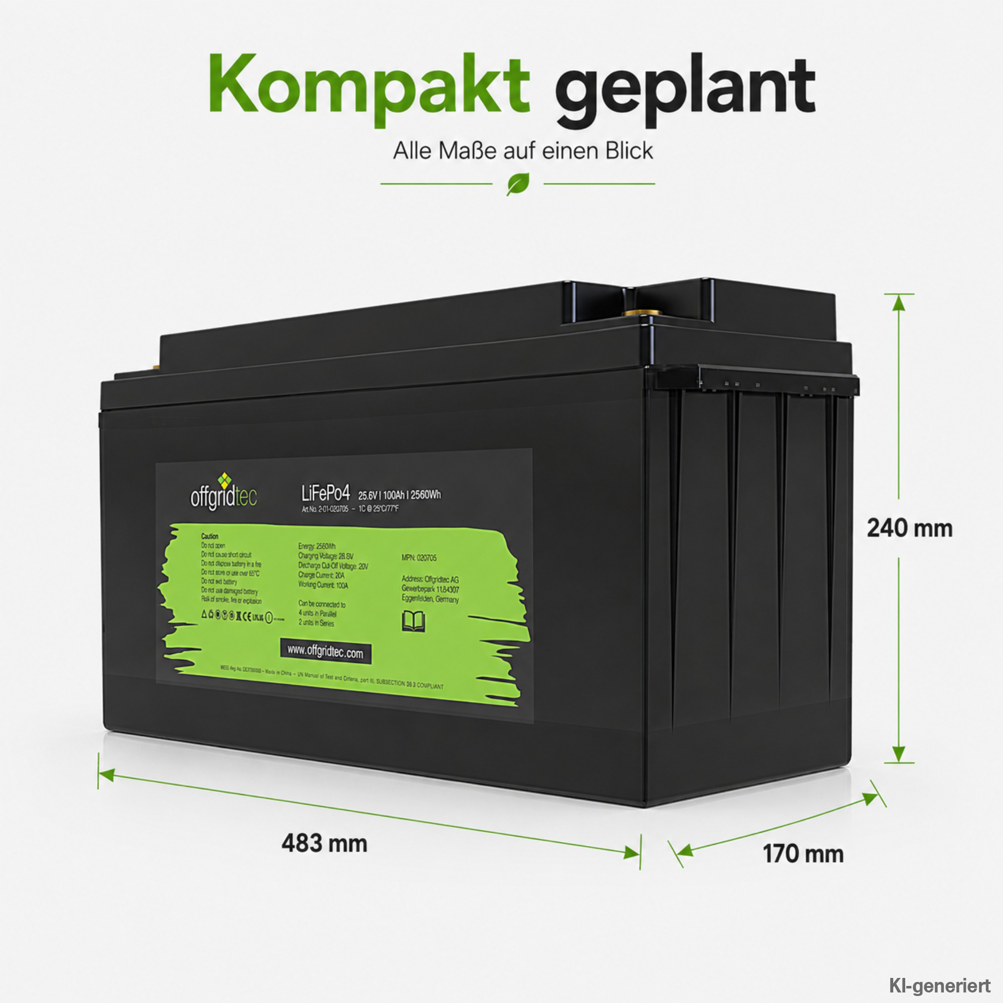 schwarze Offgridtec LiFePO4 Batterie 24V 100Ah Abmessungen
