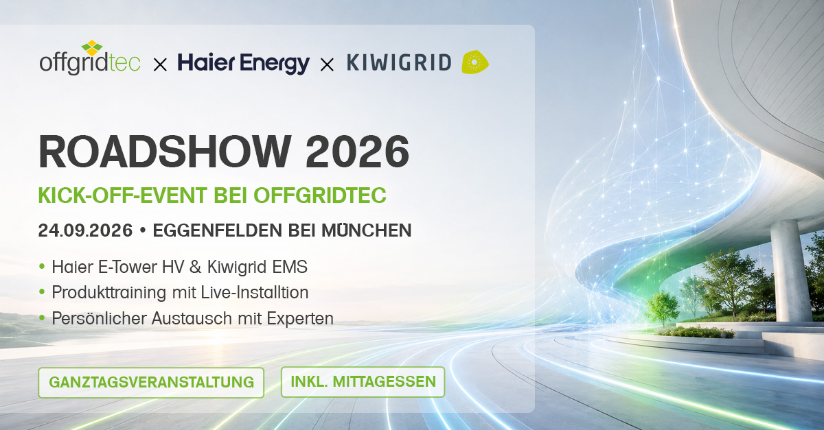 Texttafel mit Ankündigung der Roadshow 2026 von Offgridtec, Haier Energy und KIWIGRID mit Datum, Ort und Programmpunkten