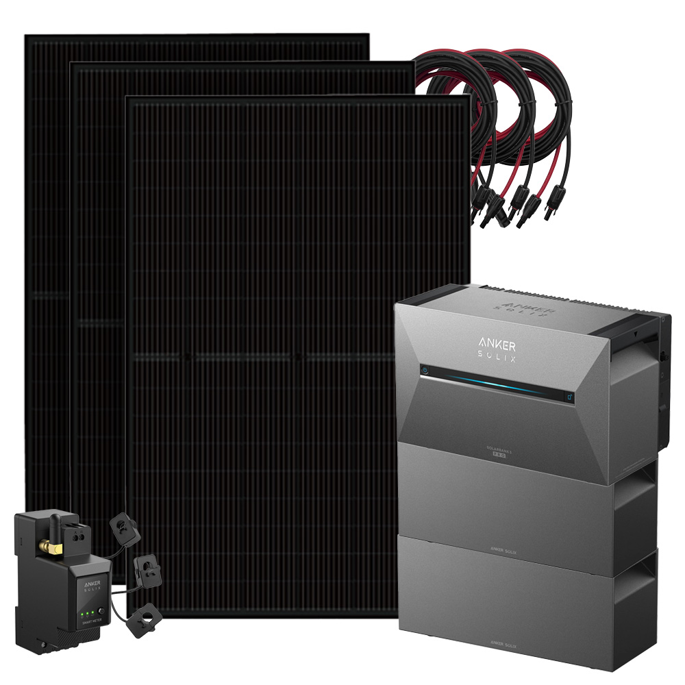 Setansicht: 3x Solarmodule, 1x Solix 3 Solarbank, 2x BP2700 Erweiterungsbatterie, 1x Stromzähler, 3x Kabel-Set