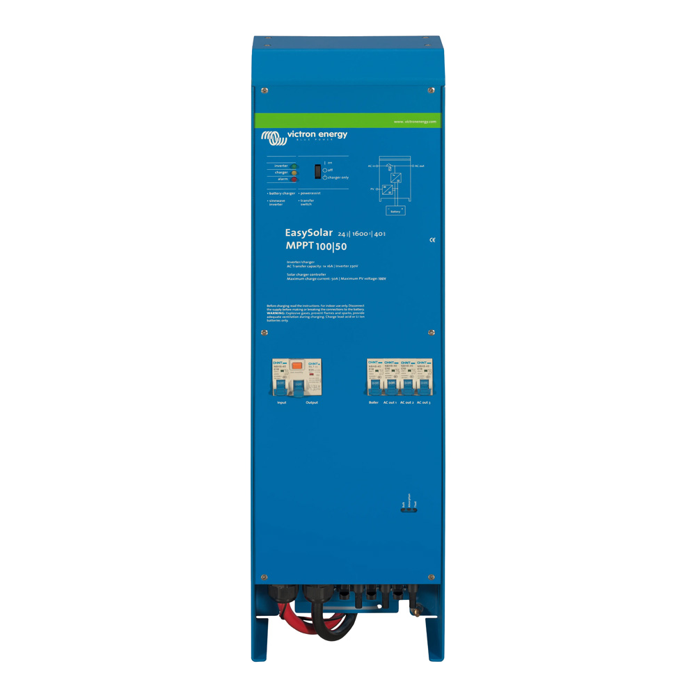 Frontansicht des blauen, rechteckigen Victron EasySolar 24/1600/40-16 24V 230V MPPT