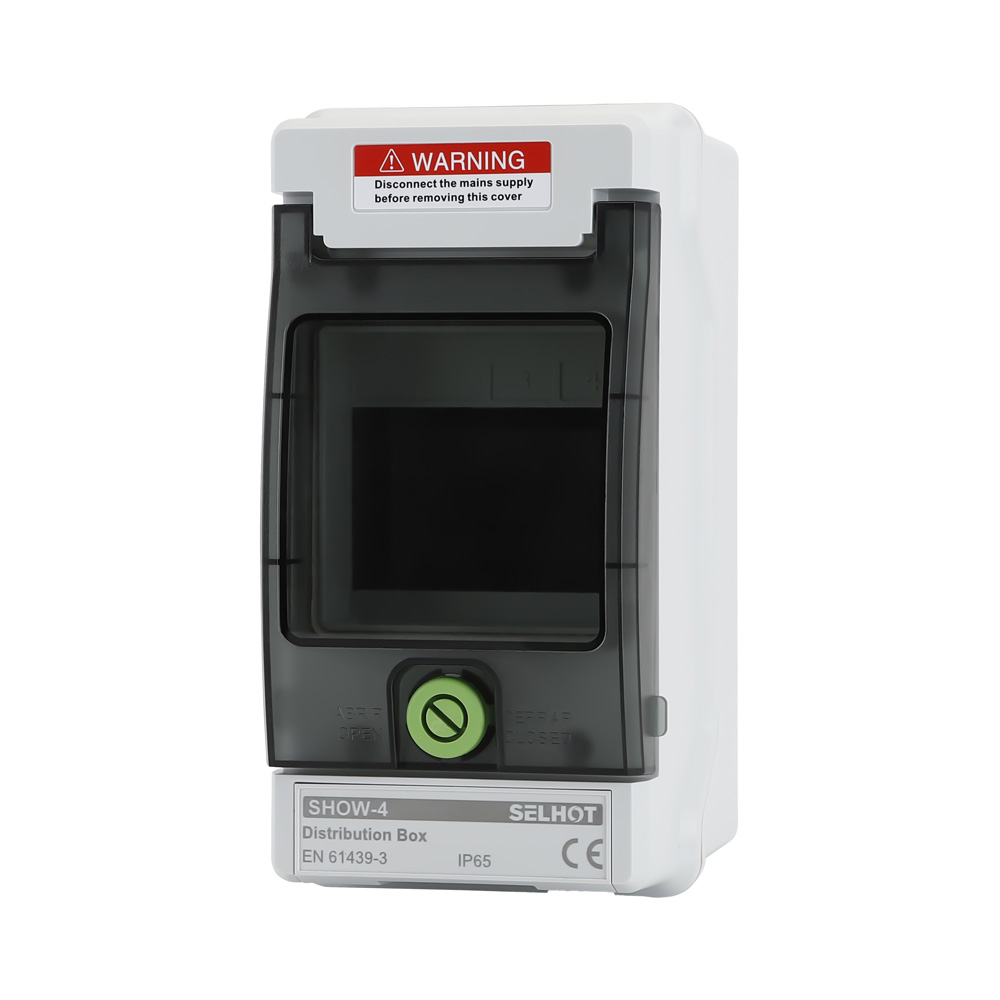 Schrägansicht: Verteilerkasten 4 TE, graues Gehäuse, Abdeckung + grüner Verschluss; herausnehmbares Fach + Schlüssel