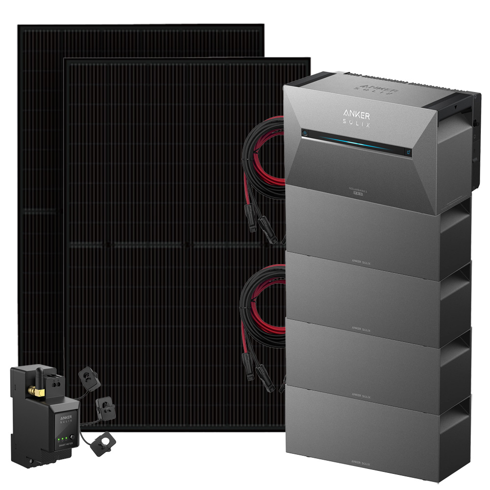 Setansicht: 2x Solarmodule, 1x Solix 3 Solarbank, 4x BP2700 Erweiterungsbatterie, 1x Stromzähler, 2x Kabel-Set
