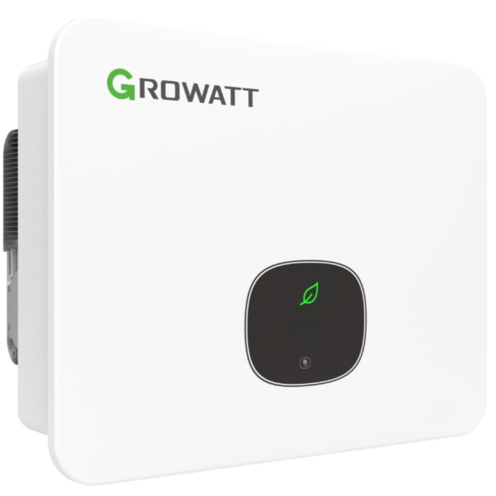 weißer Wechselrichter mit Growatt-Logo oben links und schwarzer Anzeige unten mittig, schräge Frontansicht links