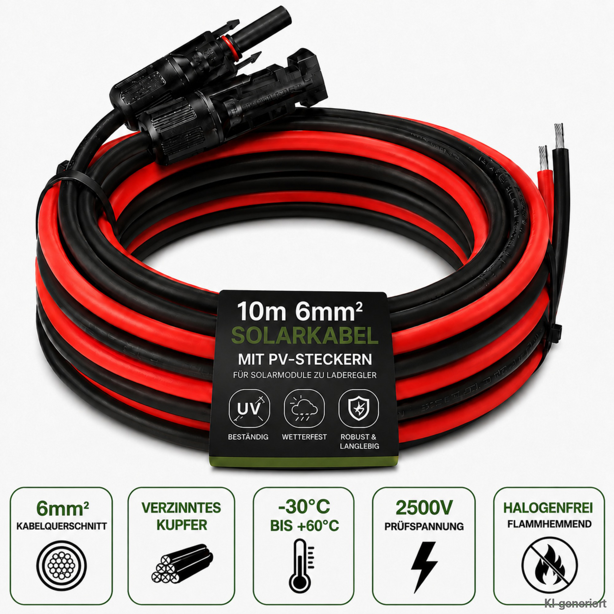 10m 6mm Kabel schwarz und rot mit Solarstecker und offener Litze mit Informationslabel