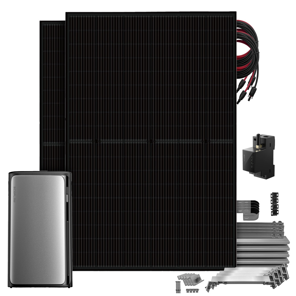 Setansicht: 2 Solarmodule mit EcoFlow Stream Pro All-in-One Speichersystem, Smart Meter, 2 MC4-Kabeln und Balkon-Montageset