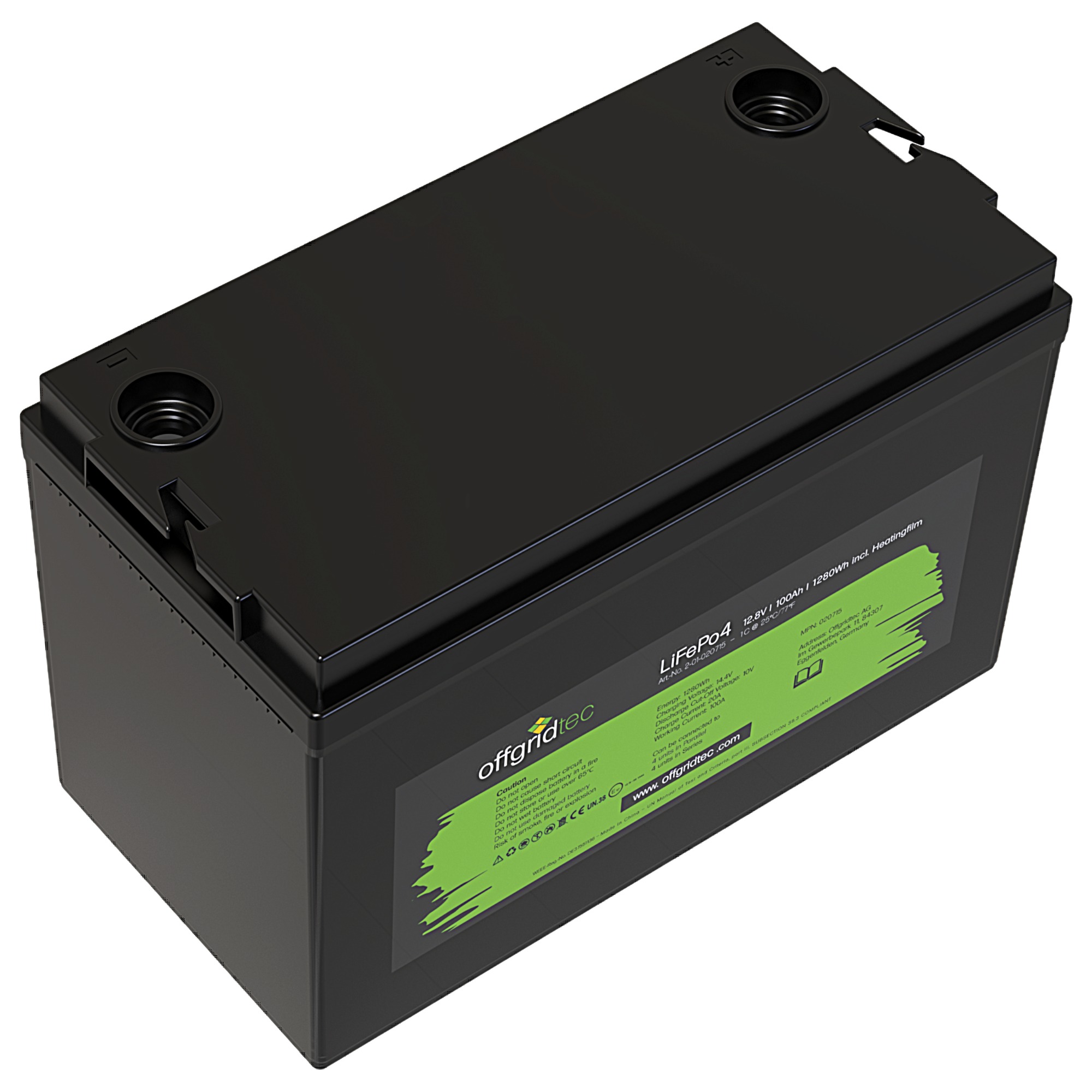 schwarze Offgridtec LiFePO4 Batterie 12V 100Ah mit Heizmatte Schrägansicht oben links