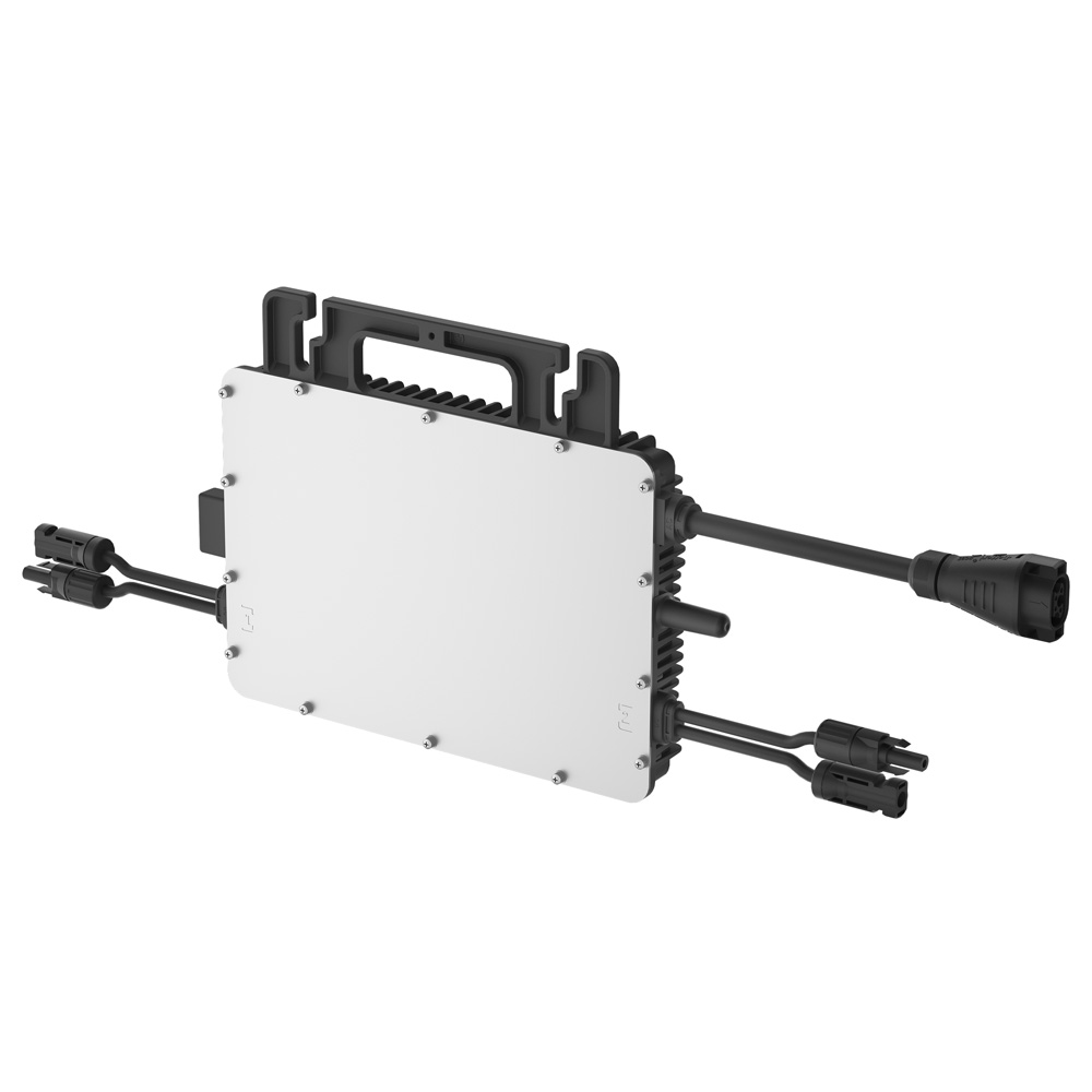 Schrägansicht von rechts oben: Schwarz-grauer Hoymiles HMS-800-2WB HiFlow Pro Inverter mit Anschlüssen und Montagelöchern