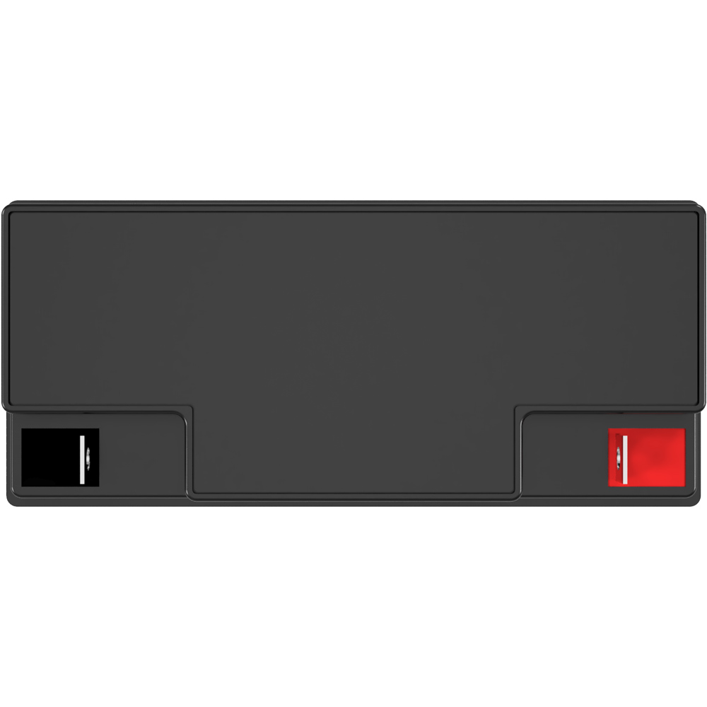 Batterie in schwarz, Ansicht von oben, sichtbare Aufschrift und Ansteckpole