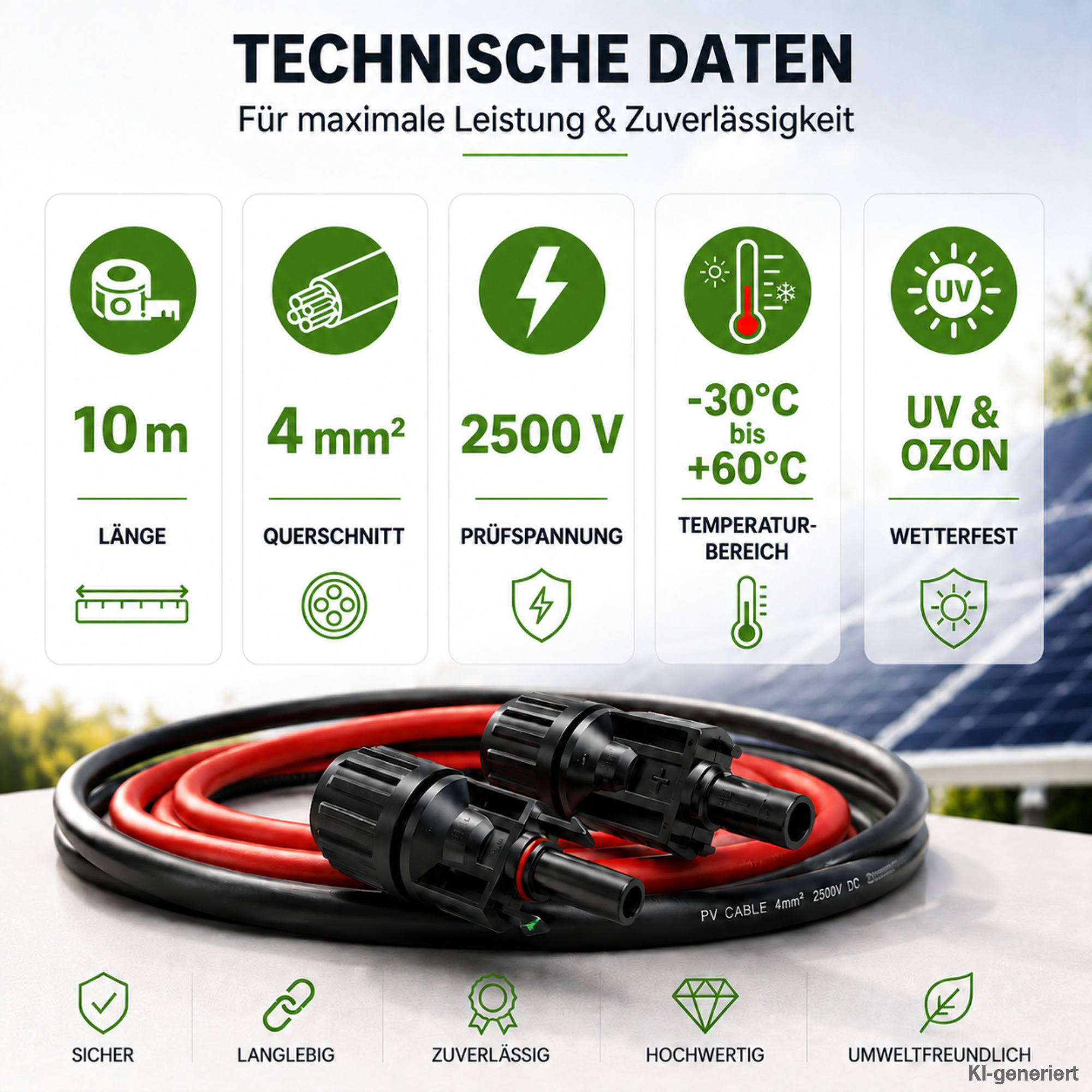 Technische Daten zu 10m 4mm Solarkabel mit Solarmodul im Hintergrund