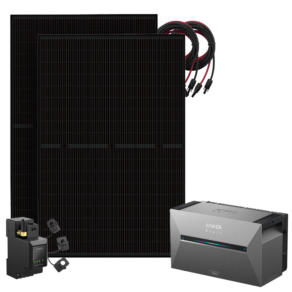 Setansicht: 2x Full-Black Solarmodule, 1x Anker Solix 3 Solarbank-Speicher, 1x Anker SOLIX Stromzähler, 2x Kabel-Set
