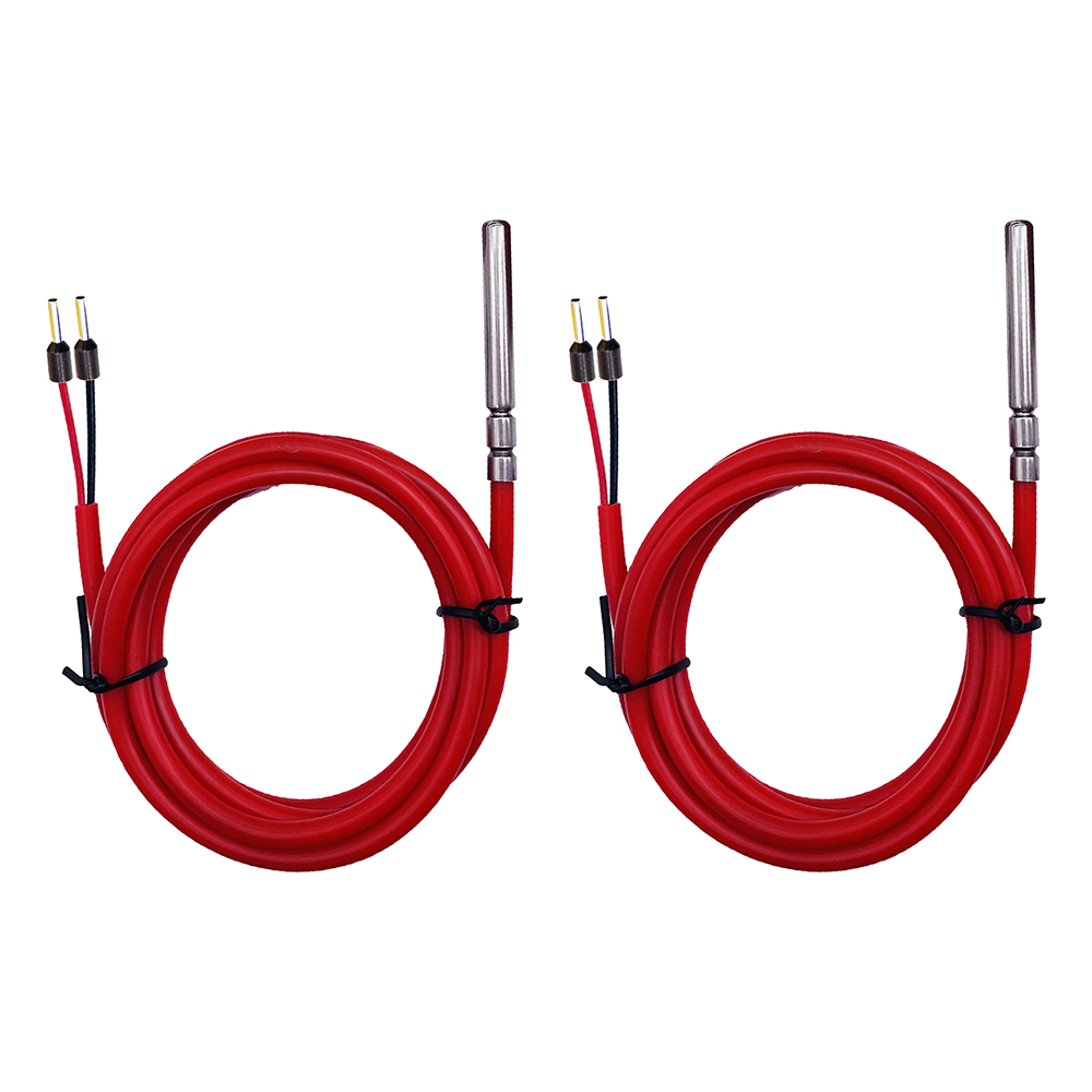 Draufsicht: 2 identische Temperatursensoren mit je 2m rotem Kabel, Metallsensor und anderseitig 2 Aderendhülsen, aufgewickelt