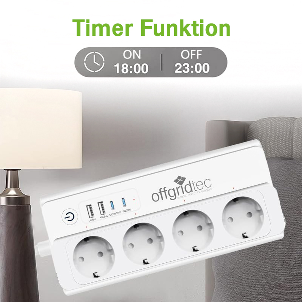 Offgridtec smart 4-way socket strip + 2x USB-A and 2x USB-C connection with Smart Life or Tuya app - 1.5m cable